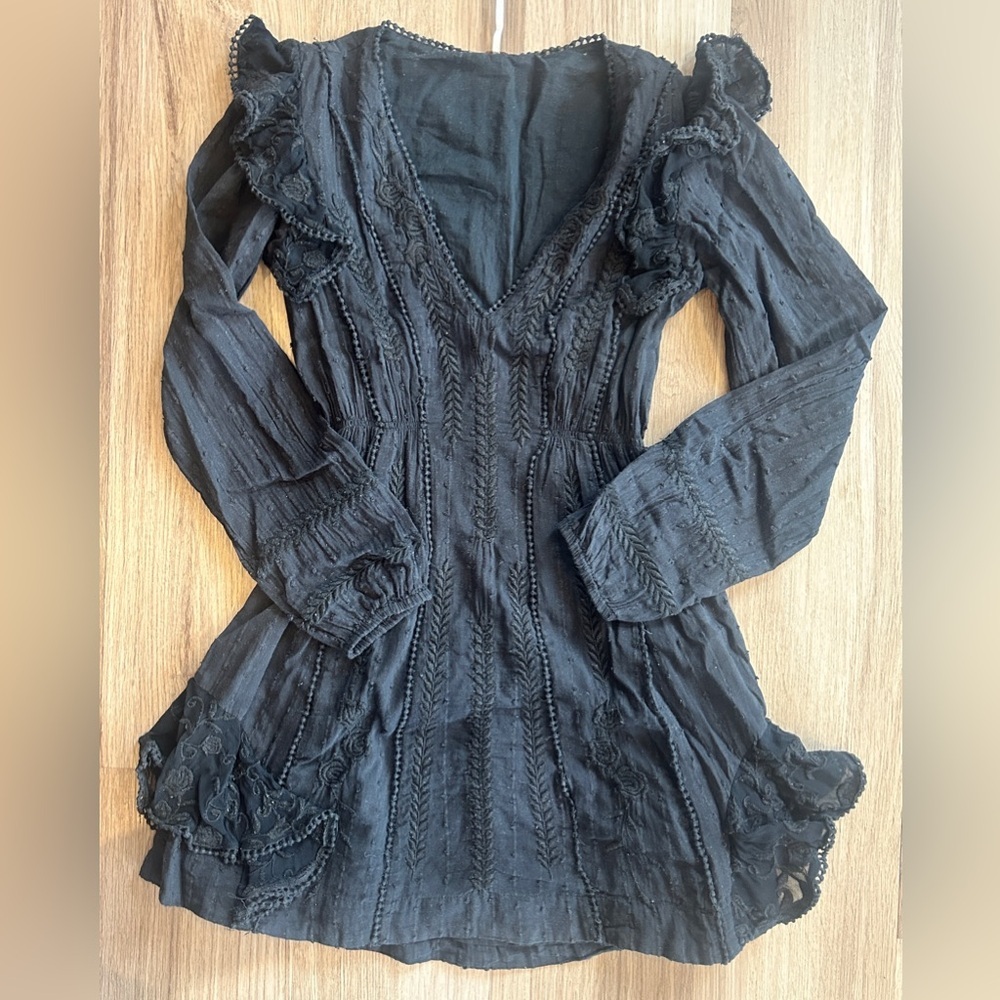 Free People Black Long-Sleeve V-Neck Tiered Mini Dress